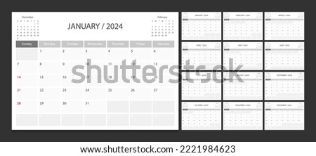 Calendar 2024 week start Sunday corporate design planner template.