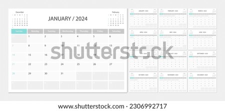 Calendar 2024 week start Sunday corporate design planner template. Calendar planner A4.