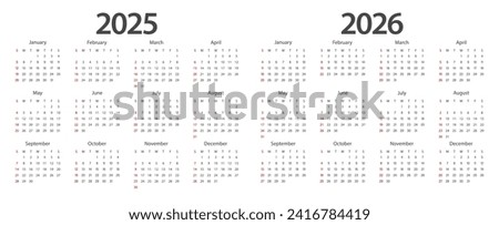 Calendar 2025, calendar 2026 week start Sunday corporate design planner template.