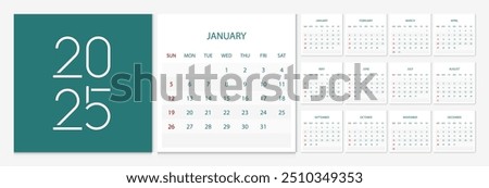 Calendar 2025 week start Sunday corporate design template vector. Cover calendar 2025.