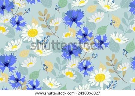Watercolour Floral pattern seamless. Spring summer white daisy blue cornflower flower pattern background border frame vector illustration. Flowers motifs.