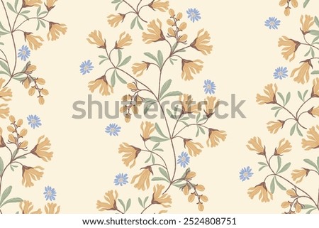 Minimal Floral pattern seamless.Pastel blue orange flowers Ikat woven textured design paisley embroidery with vintage floral tapestry motifs. Ethnic pattern Autumn colour vector illustration. 