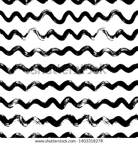 Scrawls hand drawn seamless vector pattern. Wavy, curly lines grunge drawing. Black paint dry brushstroke abstract background, backdrop.  Trendy monochrome texture. Ink brush doodle curves.