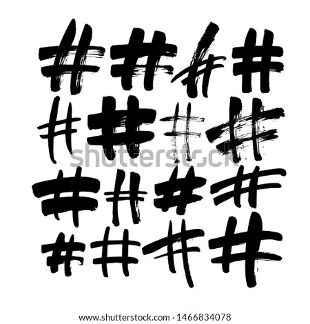 Hand drawn hashtag signs isolated on white background. Trendy grunge communication sign for logo, blog, social network, internet application. Ink vector illustration. Clip art for social media.