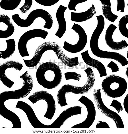Black paint brush strokes vector seamless pattern. Hand drawn curved and wavy lines with grunge circles. Chaotic ink brush scribbles decorative texture. Messy doodles, bold curvy lines illustration.