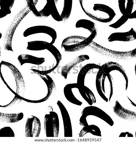 Black paint swirled line vector seamless pattern. Wavy and curly lines, round shapes, dry brush stroke texture. Abstract wallpaper design, trendy textile print. Wavy and swirled brush strokes