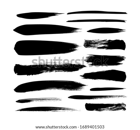 Vector grungy paint brush strokes collection. Calligraphy straight smears, stamp, lines. Hand drawn ink illustration isolated on white background. Vector black paint, ink brush stroke, line or texture
