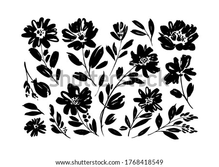 Spring flowers hand drawn vector set. Black brush flower silhouettes. Ink drawing wild plants, herbs or flowers, monochrome botanical illustration. Anemones, peonies, chrysanthemums isolated cliparts.
