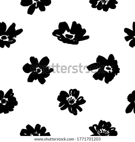 Seamless floral vector pattern with peonies, roses, anemones. Hand drawn black paint illustration with abstract floral motif. Graphic hand drawn brush stroke botanical pattern. Daisy or chamomile. 