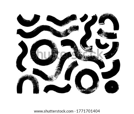 Black paint brush strokes vector collection. Hand drawn curved and wavy lines with grunge circles. Chaotic ink brush scribbles decorative set. Messy doodles, bold curvy lines illustration.