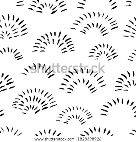 Hand drawn doodle arches vector seamless pattern. Abstract rounded forms, dotted lines, small brush strokes. Hand painted ink background with half circles. Art illustration for fashion designs, prints