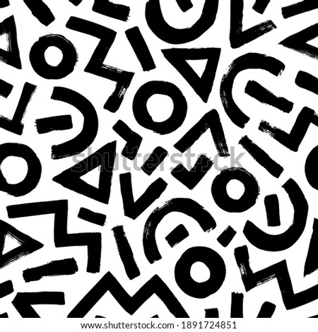 Geometric pattern memphis style background. Seamless abstract vector black and white pattern. Grunge straight brush stroke, triangles, circles, zigzag lines. Handdrawn ink illustration in 80-90s style