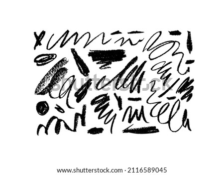 Charcoal pencil curly lines and squiggles. Scribble brush strokes vector set. Hand drawn marker scribbles. Black pencil sketches. Brush stroke lines, squiggles, daubs isolated on white background. Stock foto © 