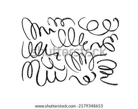 Black swirled charcoal lines collection. Scribble curly brush strokes vector set. Dry black charcoal or pencil lines. Hand drawn calligraphy swirls, thin squiggles. Doodle style sketches.