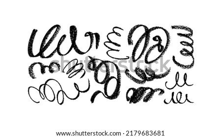 Black swirl charcoal lines collection. Scribble curly brush strokes vector set. looped charcoal lines. Dry black pencil or graphite drawing. Hand drawn calligraphy swirls, swashes and flourishes.
