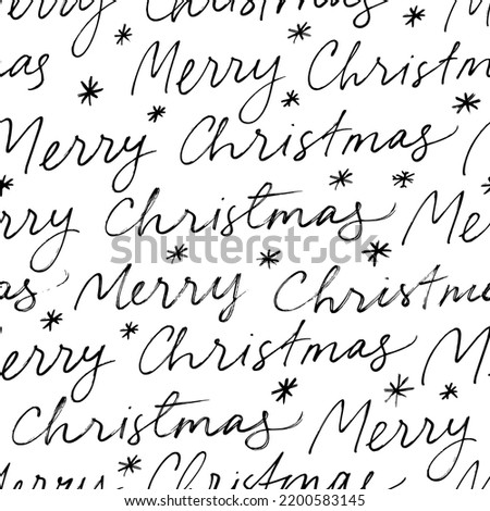 Merry Christmas words seamless pattern. Hand drawn line calligraphy with snowflakes. Holiday seamless background with handwritten lettering. Merry Christmas and Happy New Year wrapping paper.