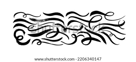 Hand drawn vector swooshes and swashes. Typographic swashes and swooshes tails. Curly black ink lines. Curved long brush strokes. Underlined text tails. Brush drawn scribbles and squiggles.