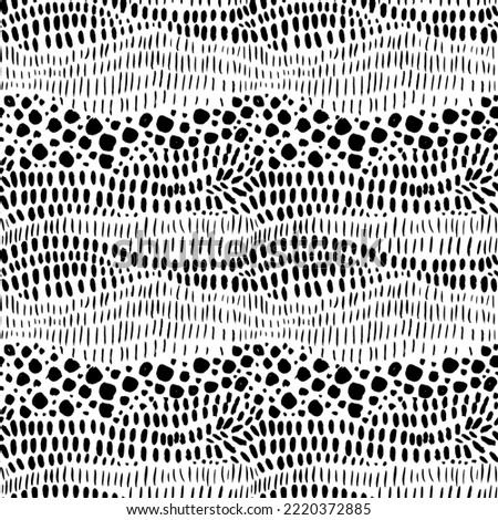 Freehand drawing vector diffused spots seamless pattern. Brush drawn dotted lines, blots, vertical dashes. Black and white abstract doodle pattern. Striped print with circles and dots. 
