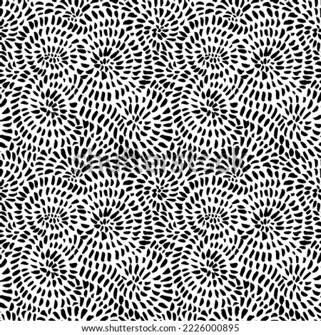 Dotted lines in swirl shape seamless pattern. Black and white vector hatching texture. Spirals seamless doodle pattern. Circular and swirl shapes with short lines or dashes. Brush drawn random strokes