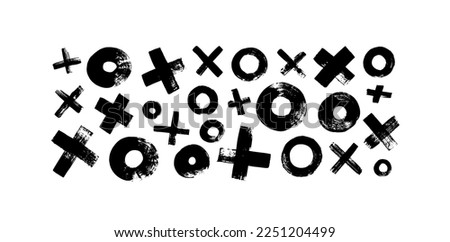 Crosses and circles vector elements isolated on white background. Brush drawn crosses and circles. Vector black and white geometric elements. Grunge symbols of zero and plus. Trendy graphic design.