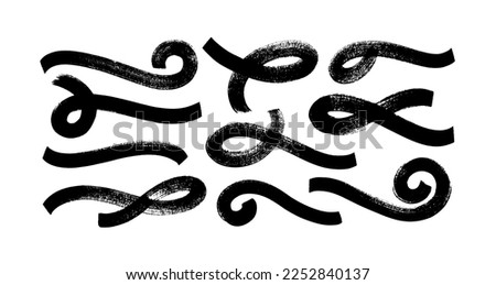 Swoosh and swash typography tails shapes. Brush drawn thick curved smears. Hand drawn collection of curly swishes, swashes, swoops. Vector calligraphy grunge swirls. Underlined text tails. 