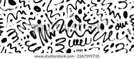 Brush curly lines seamless pattern. Pencil squiggles ornament. Scribble brush strokes vector background. Hand drawn marker scribbles, curved lines. Black pencil sketches. Squiggles and daubs. Imagine de stoc © 