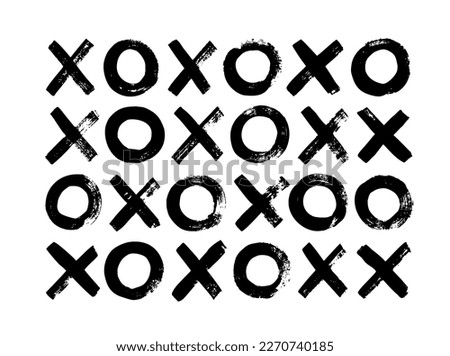 Cross marks and circles isolated on white background. Abstract simple geometric elements. Vector x and o. Hand drawn black brush strokes. Tic tac toe grunge background. Tile x o noughts and crosses.
