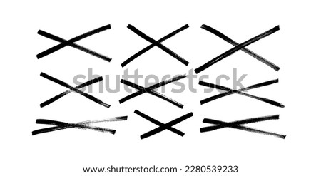 Brush drawn strikethrough vector elements collection. Crossed scribble lines drawn with marker isolated on white background. Handdrawn grunge vector underlines or strikethrough. X sign in sketch.