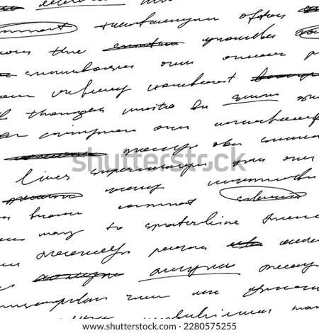 Seamless pattern with abstract handwritten text. Vector cursive lettering. Unreadable text wallpaper. Poetry seamless pattern written by a pen. Monochrome script background with unreadable words.