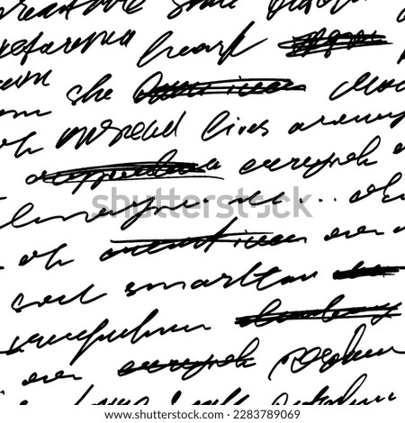 Seamless pattern with abstract writing and strikethroughs. Handwritten vector unreadable words. Monochrome script background. Poetic work written by a pen. Cursive small lettering.