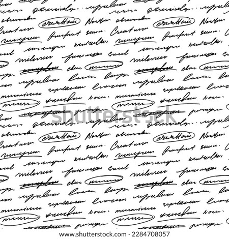 Seamless poetry pattern with handwritten unreadable text. Underlining words in a sentence, strikethrough, highlight text. Hand drawn vector monochrome script, cursive words. Lettering wallpaper.