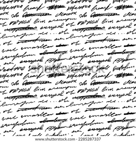 Seamless pattern with abstract writing and strikethroughs. Handwritten vector unreadable words. Monochrome script background. Poetic work written by a pen. Cursive small lettering.