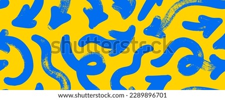 Fun colorful bold arrows seamless pattern. Brush drawn grunge style background with geometric elements, curved bold lines. Thick brush strokes. Different blue arrows sign on yellow background.
