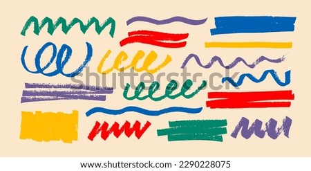 Collection color text marker stripes, curved lines and various shapes. Bright color marker strokes and design elements. Abstract grunge vector lines, brush strokes. Hand drawn collection of doodles.