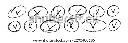 Group of charcoal circle frames with crosses and checkmarks. Hand drawn black charcoal symbols for hand drawn diagrams. Vector doodle marker drawing. Freehand different elements.
