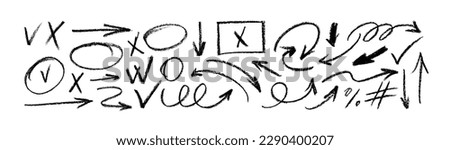 Group of chalked arrows and frames. Hand drawn black charcoal symbols for hand drawn diagrams. Vector doodle marker drawing. Freehand different curved arrows, swirls, crosses, circles and check marks.