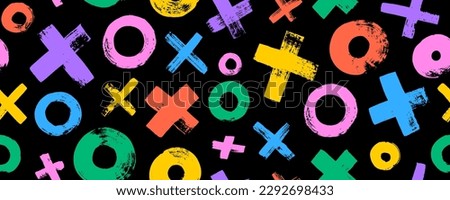 XOXO colorful seamless pattern. Bold brush drawn crosses and circles bright color banner. Abstract geometric background with tic tac toe. Grunge texture with symbols of zero and crosses.