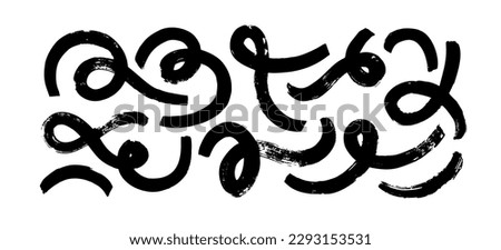 Brush drawn curly lines and squiggles. Vector bold brush strokes with loops. Messy doodles, bold curved lines illustration. Calligraphy Japanese smears. Hand drawn curved grunge strokes. 