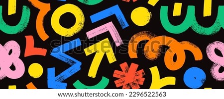 Seamless pattern with various geometric trendy shapes. Colored bold brush drawn geometric figures and objects ornament. Arrow, circles, swirls, asterisk and curved bold lines. Bright color pattern.