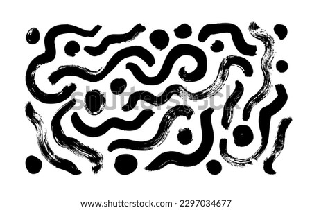 Messy doodles and dots, bold curvy lines collection. Brush drawn vector curved bold lines, freehand wavy brush strokes. Grunge wavy smears set. Black ink illustration. Squiggles and swashes.