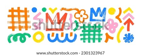 Collection colored various geometric brush drawn shapes. Crown, arrow, lightning, lattice and squiggles. Bold bright color brush strokes. Vector geometric figures and objects. Abstract trendy banner.