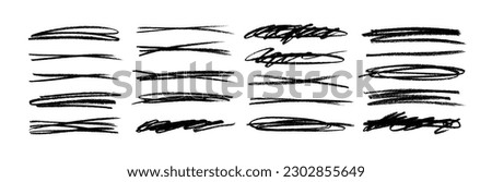 Vector set of highlight lines and underlines. Brush drawn striketrough collection. Scribble underline markers set. Horizontal hand drawn marker stripes. Scratch lines isolated on white background.