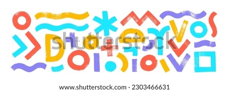 Collection brush drawn various geometric shapes. Hand drawn vector geometric bright color figures. Wavy bold lines, circles, square, asterisk and triangle lines. Grunge style colored shapes.