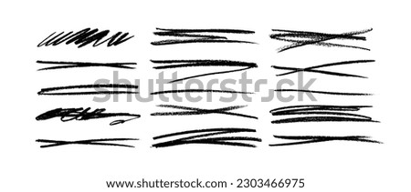 Vector set of highlight lines and underlines. Brush drawn striketrough collection. Scribble underline markers set. Horizontal hand drawn marker stripes. Scratch lines isolated on white background.