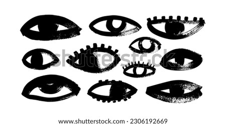 Brush drawn vector eyes collection. Hand drawn vector human parts of faces elements, various opened eyes. Modern style, primitive or naive drawing. Cartoon style illustration with parts of faces.