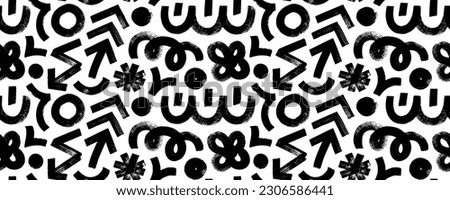 Seamless pattern with various geometric trendy shapes. Bold brush drawn geometric figures and objects ornament. Arrow, circles, swirls, asterisk and curved bold lines. Hand drawn abstract pattern.