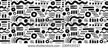 Abstract Memphis geometric shapes seamless pattern. Brush drawn bold geometric shapes, stripes, wavy lines, circles and dots. Abstract tech background. Hand drawn basic figures in futuristic style.