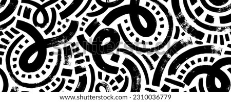 Squiggled bold lines with loops and dots seamless pattern. Abstract brush drawn curved lines ornament. Loops and small dots. Grunge vector basic shapes, curved thick strokes. Organic background.