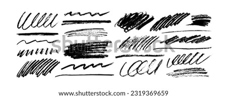 Charcoal pencil curly lines and squiggles. Scribble brush strokes vector set. Hand drawn marker lines with rough edges. Grunge smears and strikethrough set. Simple shapes drawn with crayon.
