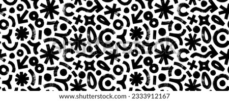 Abstract geometric doodle shapes seamless pattern. Banner background with bold brush drawn strokes, wavy lines, circles and dots, arrows, asterisks. Various doodle shapes with grunge texture.